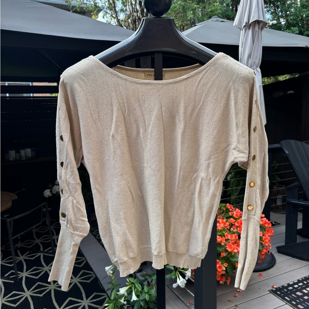 Beige Sparkly Long Sleeve Sweater with Button Details